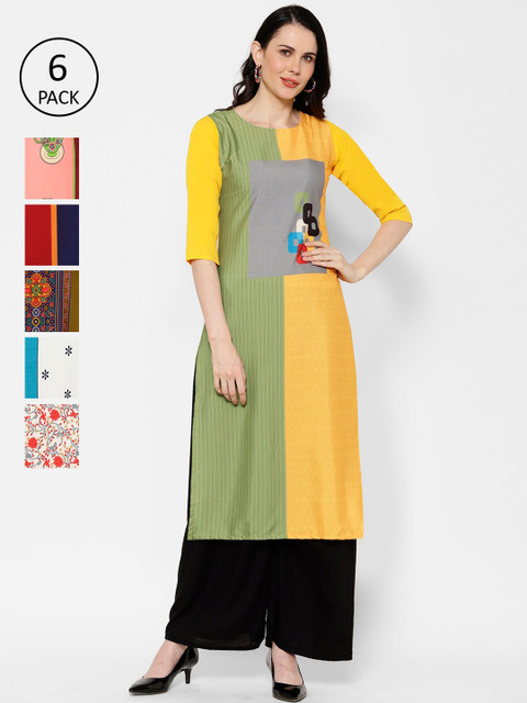 

7Threads Women Set Of 6 Multicoloured Printed Straight Kurta, Multi