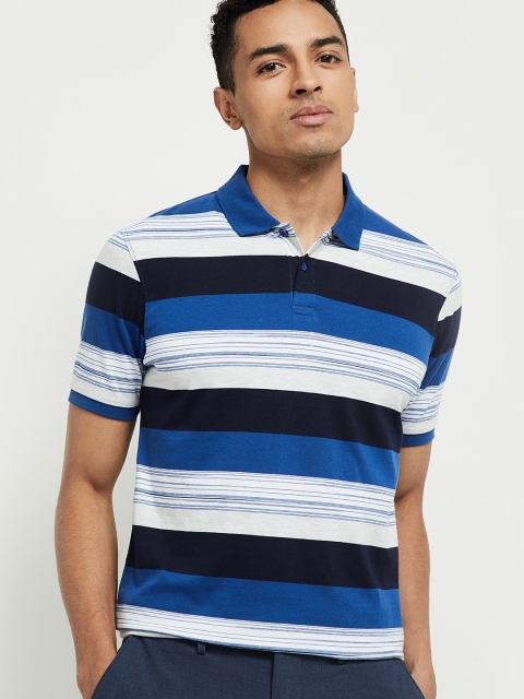 

max Men Blue Striped Polo Collar T-shirt