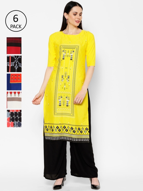 

7Threads Women Pack of 6 Multicoloured Printed Straight Kurtas, Multi