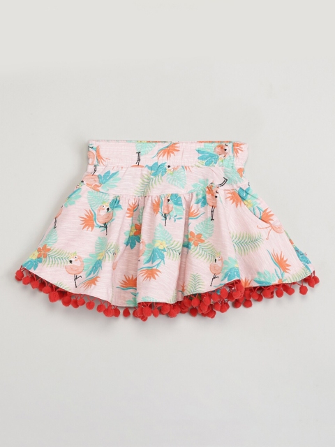 

max Girls Pink & Green Printed Pom-Pom Trim Flared Skirt