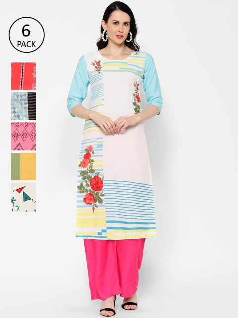 

7Threads Women Pack of 6 Multicoloured Printed Straight Kurtas, Multi