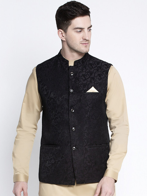

MAXENCE Men Black Woven Design Pure Cotton Nehru Jacket