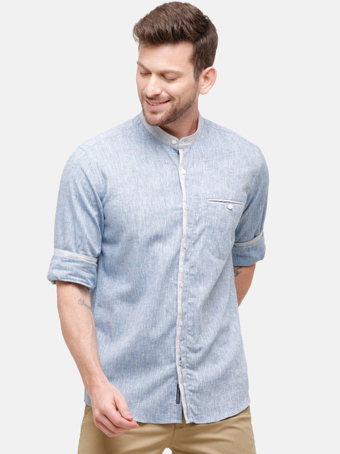 

CAVALLO by Linen Club Men Cotton Linen Blue Regular Fit Solid Casual Shirt