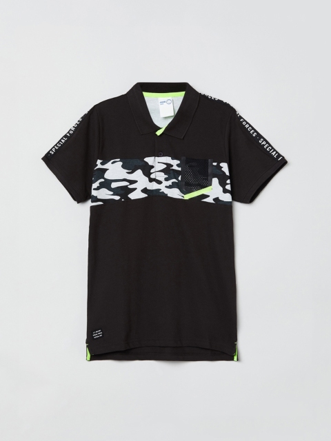 

max Boys Black Camo Printed Polo Collar T-shirt