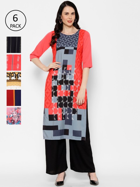 

7Threads Women Pack of 6 Multicoloured Printed Straight Kurtas, Multi