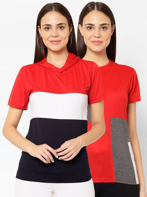 

VIMAL JONNEY Women Pack Of 2 Colourblocked T-shirts, Red