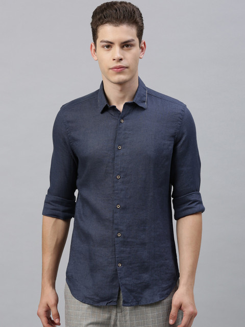 

RARE RABBIT Men Navy Blue Tailored Fit Self Design Casual Shirt