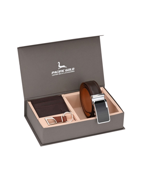 

Pacific Gold Men Brown & Silver-Toned Genuine Leather Accessory Gift Set