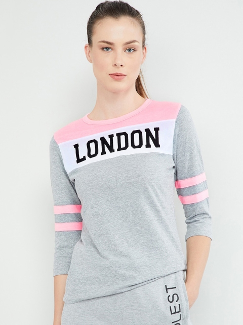 

max Women Grey Melange Striped Round Neck T-shirt