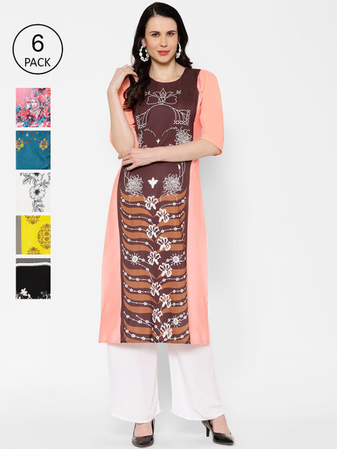 

7Threads Women Pack of 6 Multicoloured Printed Straight Kurtas, Multi