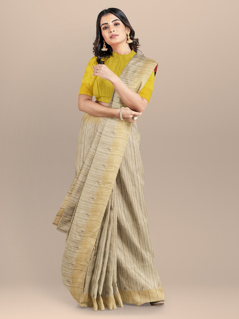 

BharatSthali Beige Striped Handloom Tussar Sustainable Saree