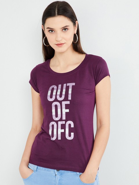 

max Women Purple Printed Round Neck T-shirt