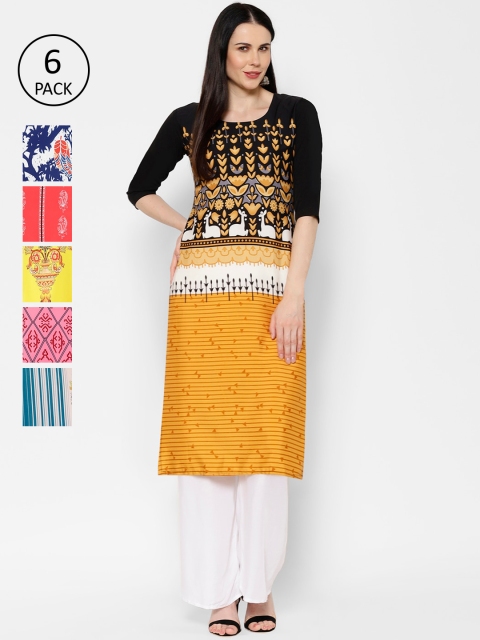 

7Threads Women Pack of 6 Multicoloured Printed Straight Kurtas, Multi