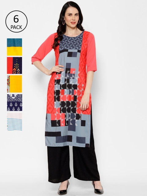 

7Threads Women Set Of 6 Multicoloured Printed Straight Kurta, Multi