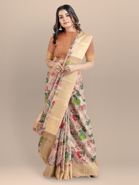 

BharatSthali Peach-Coloured & Red Floral Printed Handloom Sustainable Saree