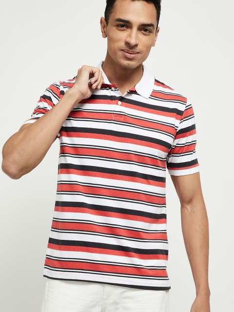

max Men White & Red Striped Polo Collar T-shirt