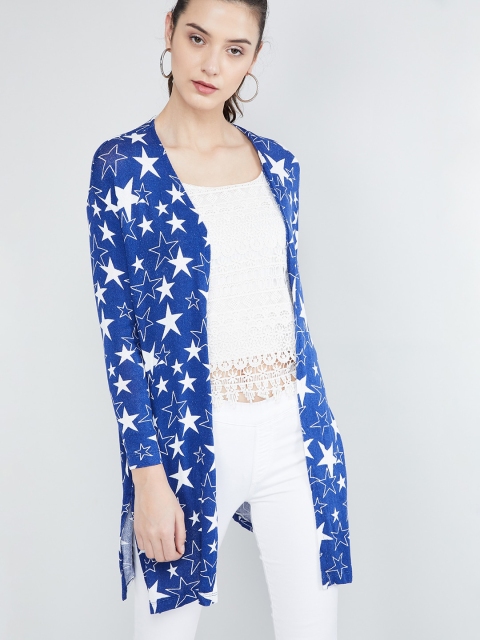 

max Women Blue & White Printed Open Front Longline Shrug