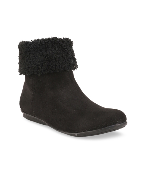 Bruno Manetti Women Black Solid Suede Mid-Top Flat Boots