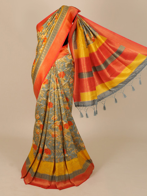 

Pothys Grey & Orange Jute Silk Floral Printed Saree