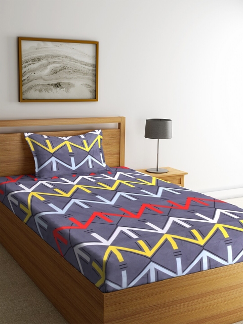 

NEUDIS Grey Geometric 180 TC Polycotton 1 Single Bedsheet with 1 Pillow Cover
