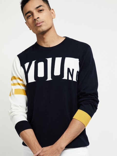 

max Men Navy Blue Printed Round Neck T-shirt