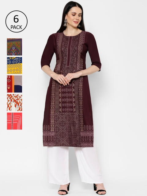 

7Threads Women Pack of 6 Multicoloured Printed Straight KurtasPack of 6 Straight Kurtas, Multi