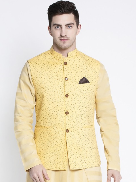 

MAXENCE Men Yellow Printed Pure Cotton Nehru Jacket