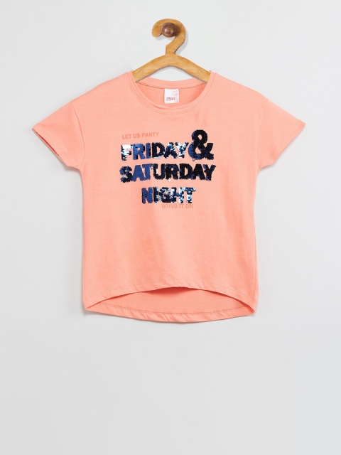 

max Girls Peach-Coloured Printed Round Neck T-shirt