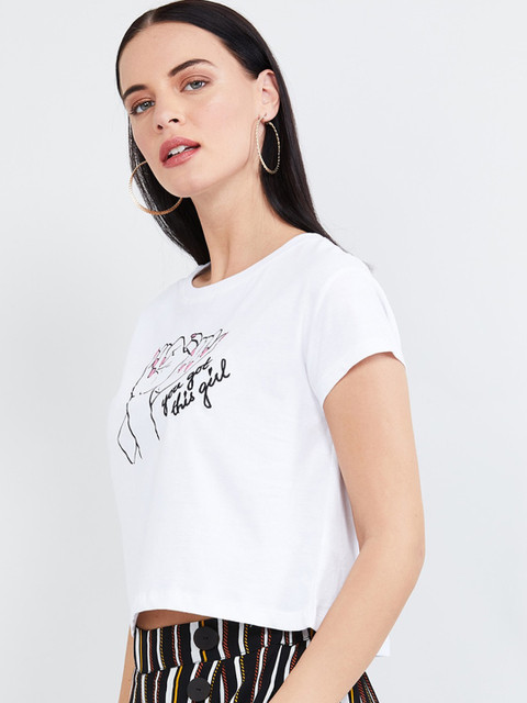 

max Women White Printed Round Neck T-shirt