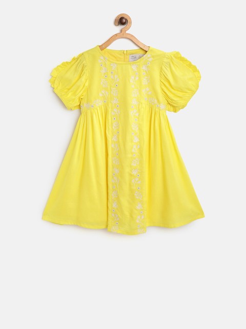 

Cherry Crumble Girls Yellow Embroidered A-Line Dress