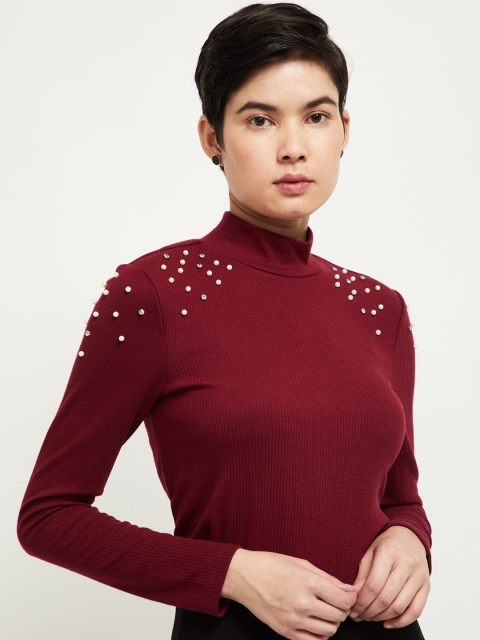 max Women Maroon Self Design High Neck T-shirt