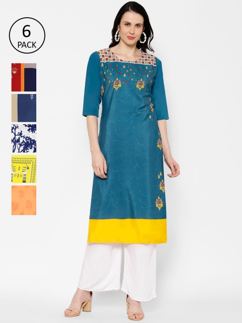 

7Threads Women Set Of 6 Multicoloured Embroidered Straight Kurta, Multi