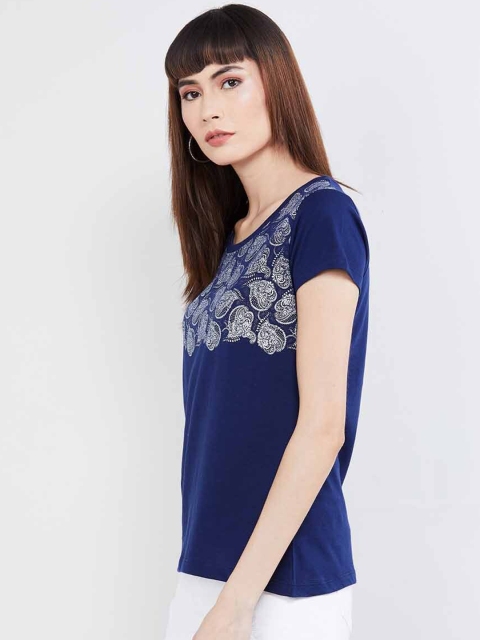 

max Women Blue Printed Round Neck Cotton T-shirt