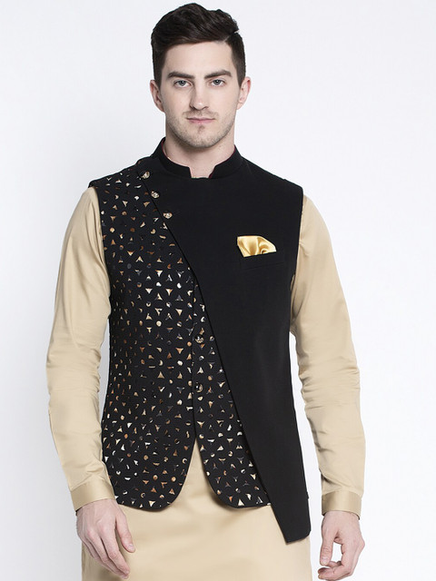 

MAXENCE Men Black & Gold-Coloured Printed Slim Fit Pure Cotton Nehru Jacket