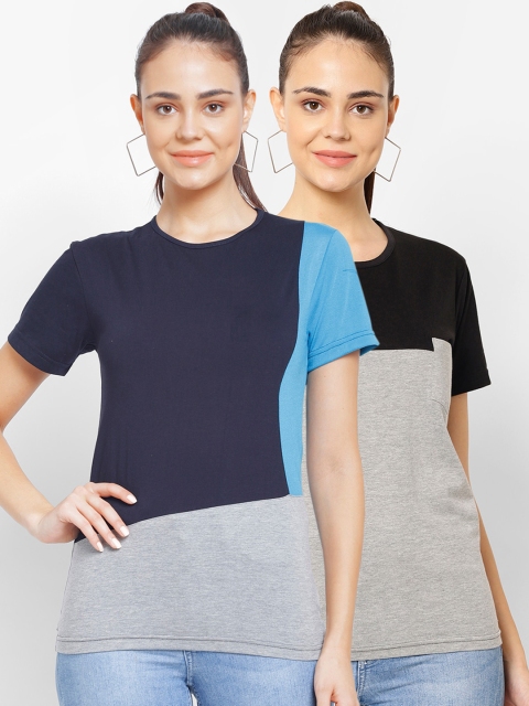 

VIMAL JONNEY Women Multicoloured Set of 2 Colorblocked Round Neck T-shirt, Multi