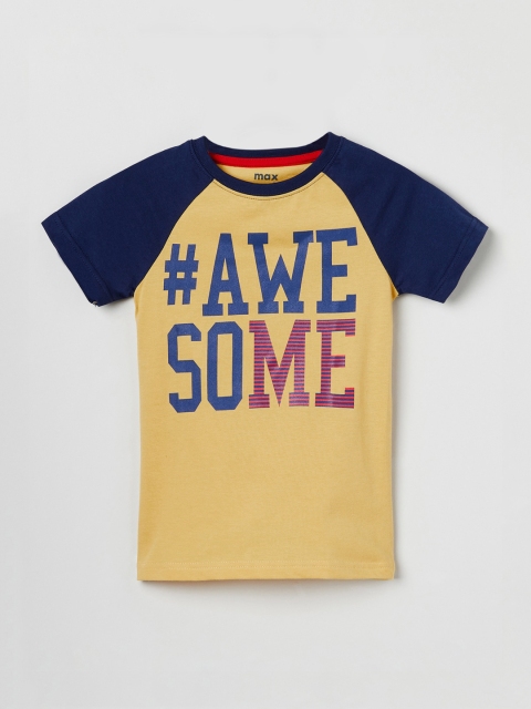 

max Boys Yellow & Navy Blue Printed Round Neck T-shirt