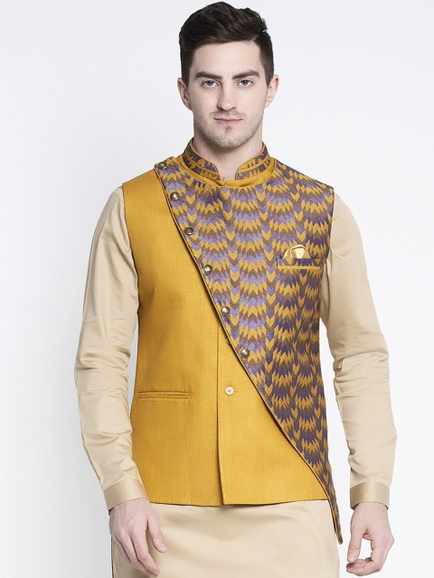

MAXENCE Men Mustard Yellow & Brown Woven Design Nehru Jacket