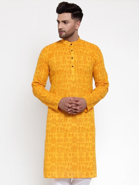 

Jompers Men Mustard Yellow Woven Design Straight Kurta