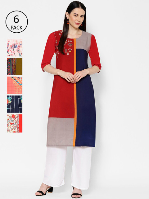 

7Threads Women Set Of 6 Multicoloured Printed Straight Kurta, Multi