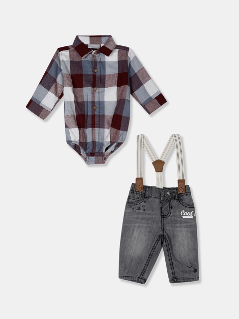 

The Childrens Place Boys Maroon & Grey Checked Bodysuit with Jeans
