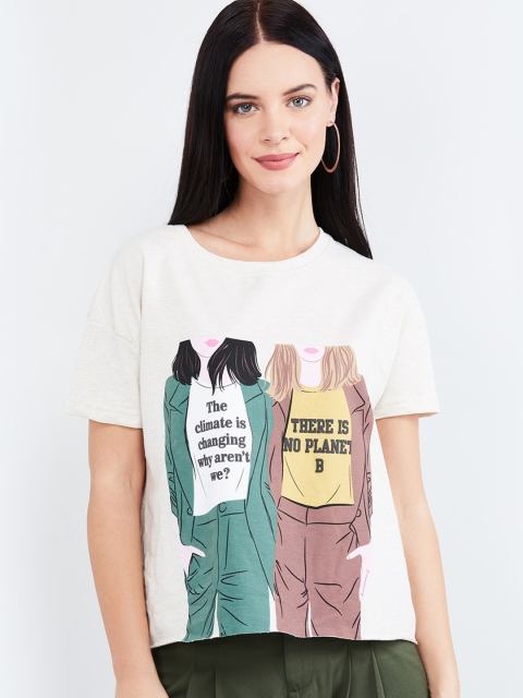 max Women Cream-Coloured Printed Round Neck T-shirt