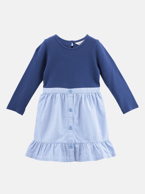 

Beebay Girls Blue Colourblocked Cotton A-Line Dress