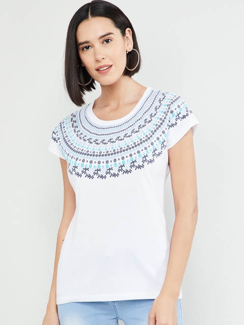 

max Women White Printed Round Neck T-shirt