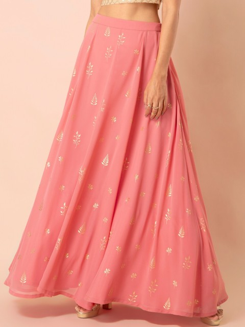 

INDYA Women Pink Foil Printed Flared Maxi Skirt