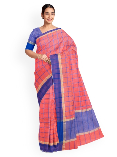 

KLM Fashion Mall Peach-Coloured & Blue Linen Blend Checked Saree