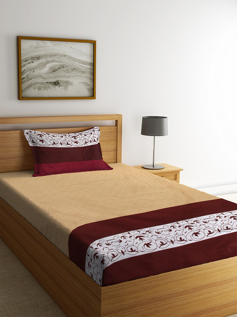 

NEUDIS Yellow & Maroon Floral 180 TC Polycotton 1 Single Bedsheet with 1 Pillow Cover