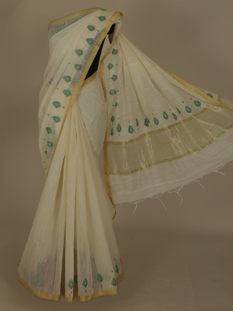 

Pothys White & Gold-Coloured Cotton Blend Woven Design Saree