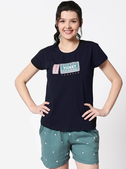 

I like me Women Navy Blue & Teal Green Printed Night Suit