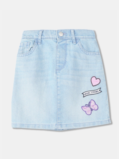 

The Childrens Place Girls Blue Denim Washed Appliqued A-Line Skirt