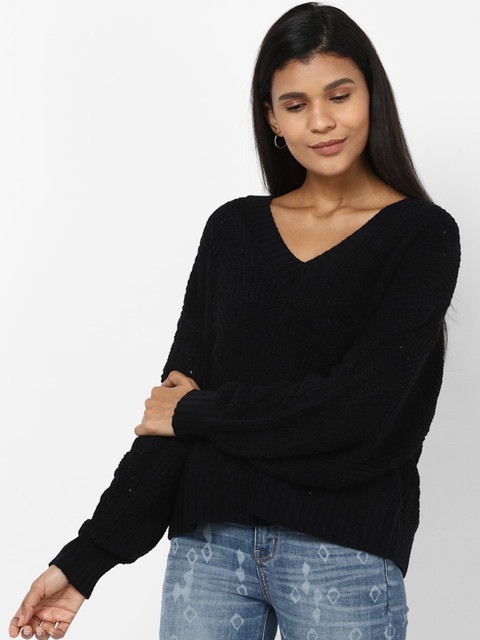 

AMERICAN EAGLE OUTFITTERS Women Black Self Design Pullover Sweater